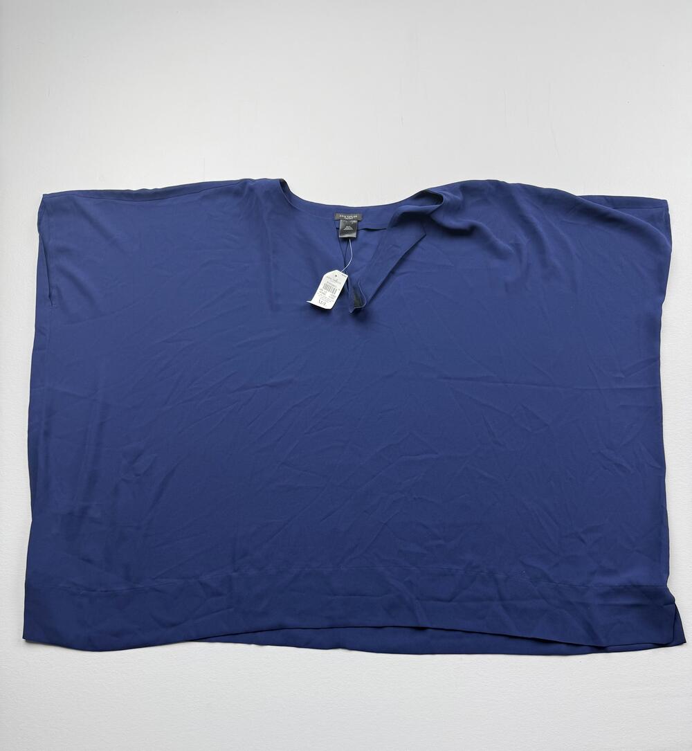 Ann Taylor Factory Blouse Womens M/L Blue V Neck Short Sleeve Dolman Tunic Top